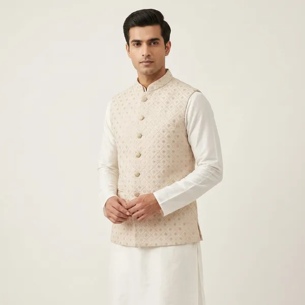 White_Jacquard_Embroidered_Nehru_Collar_Sleeveless_Jacket_For_Men