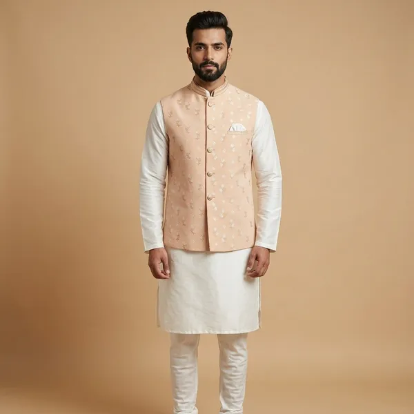 Peach_Banarasi_Brocade_Floral_Embroidered_Nehru_Jacket_For_Men