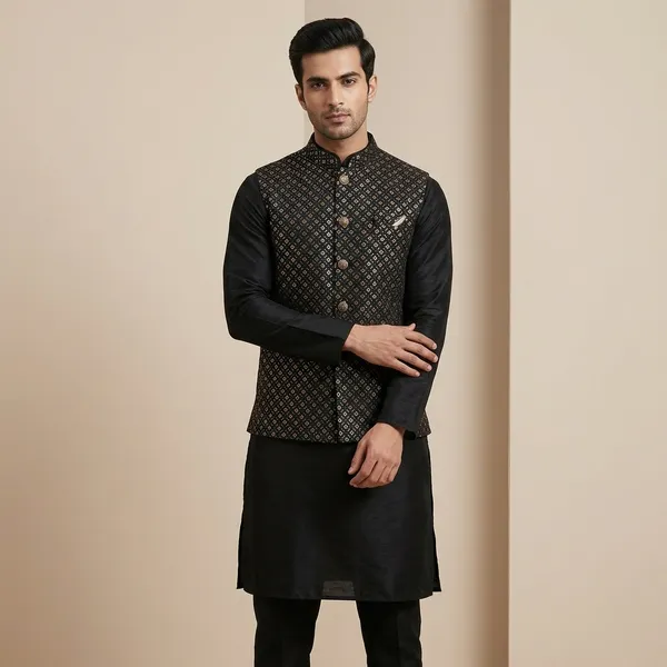 Black_Sequin_Embroidery_Floral_Print_Nehru_Jacket_For_Men
