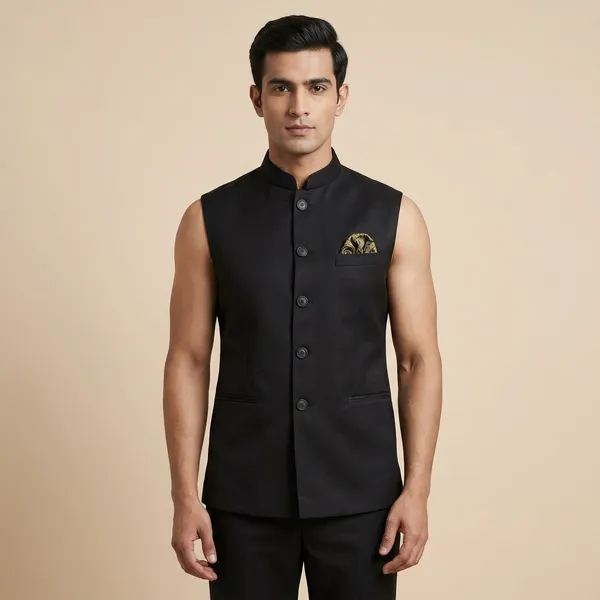 Black_Satin_Finish_Textured_Nehru_Collar_Sleeveless_Jacket_For_Men