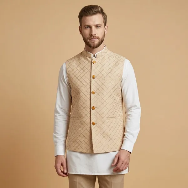 Cream_Banarasi_Jacquard_Diamond_Quilted_Nehru_Jacket_For_Men