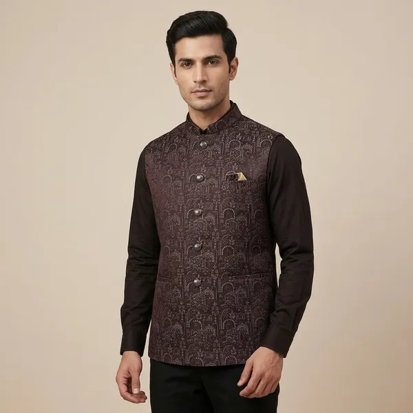 Maroon_Woven_Jacquard_Ethnic_Print_Nehru_Jacket_For_Men