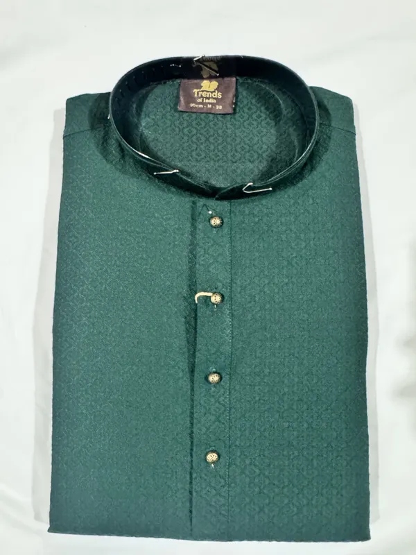 Bottle_Green_Silk_Blend_Jacquard_Mandarin_Collar_Kurta_For_Men