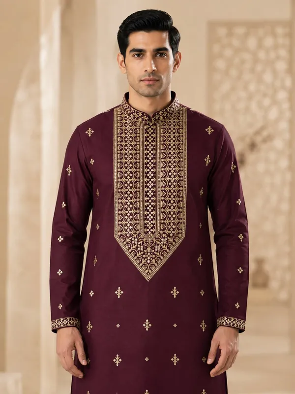 Wine_Embroidered_Kurta_Pyjama_Set