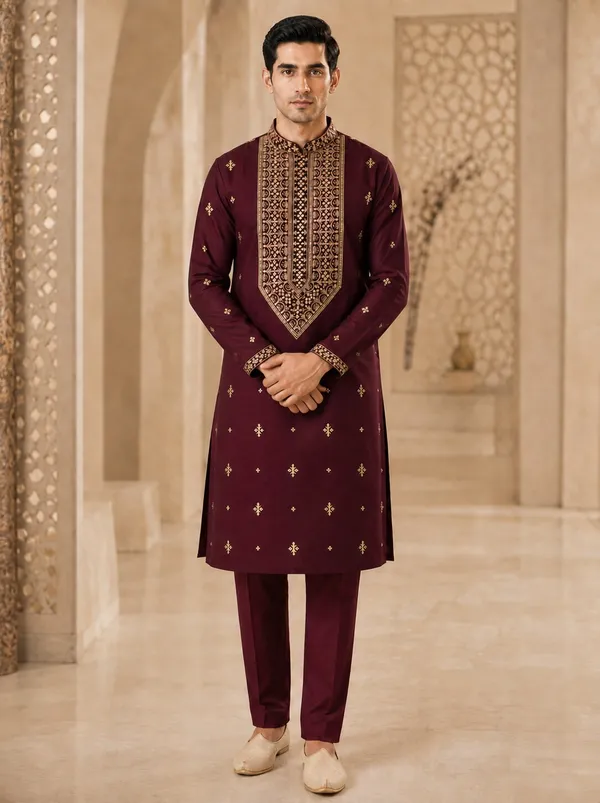 Wine_Embroidered_Kurta_Pyjama_Set