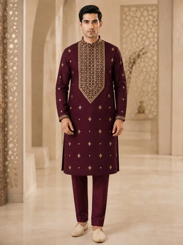 Wine_Embroidered_Kurta_Pyjama_Set