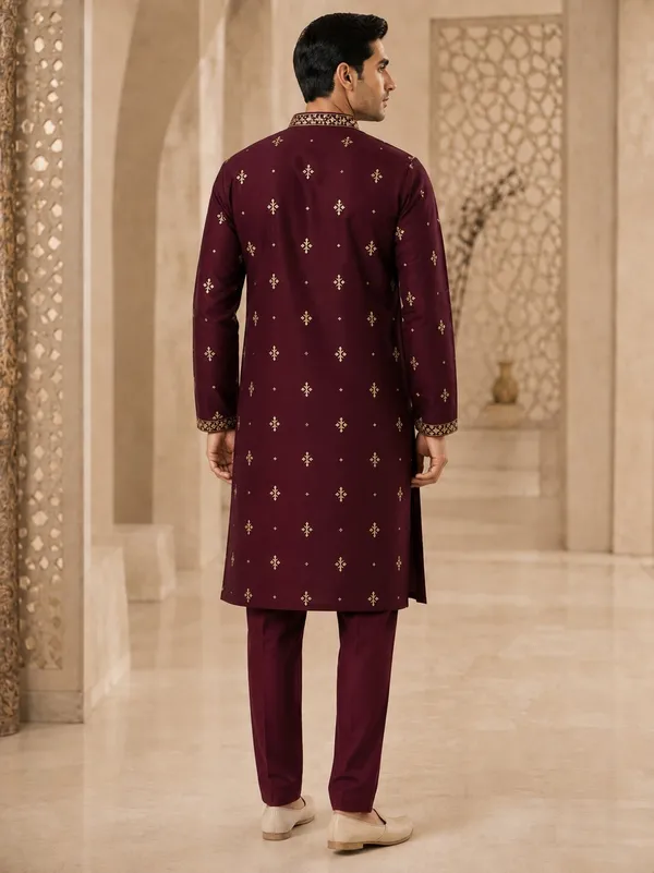 Wine_Embroidered_Kurta_Pyjama_Set