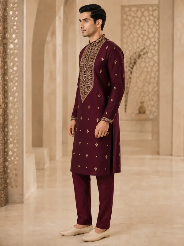 Wine_Embroidered_Kurta_Pyjama_Set