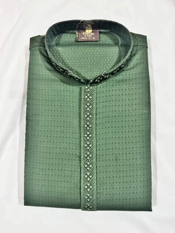 Green_Silk_Blend_Embroidered_Placket_Mandarin_Collar_Kurta_For_Men