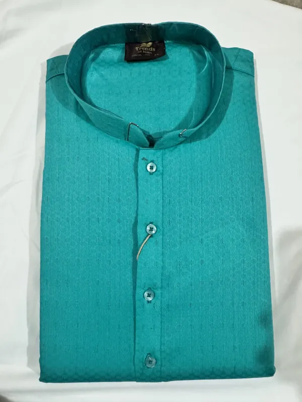 Teal_Cotton_Self_Textured_Mandarin_Collar_Kurta_For_Men