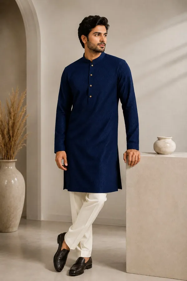 Men_Blue_Textured_Kurta_Pajama
