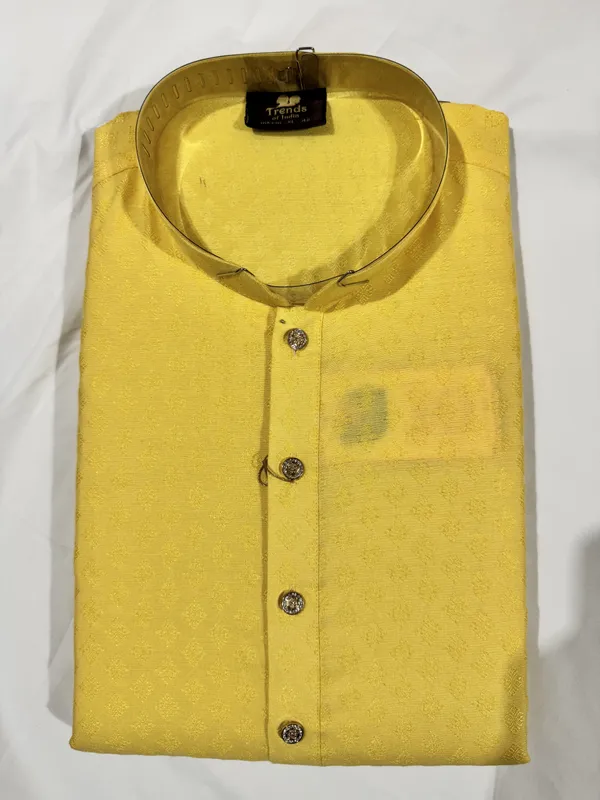 Yellow_Silk_Blend_Self_Textured_Mandarin_Collar_Kurta_For_Men