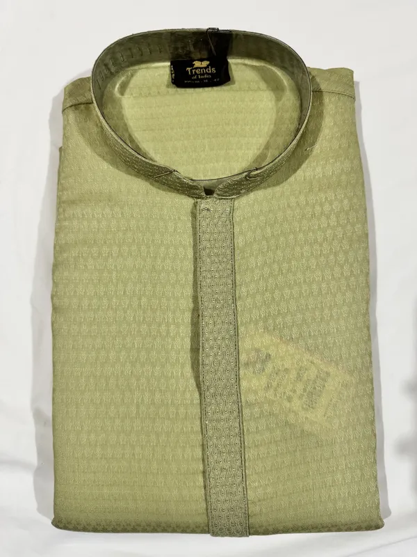 Olive_Green_Silk_Blend_Self_Design_Mandarin_Collar_Kurta_For_Men