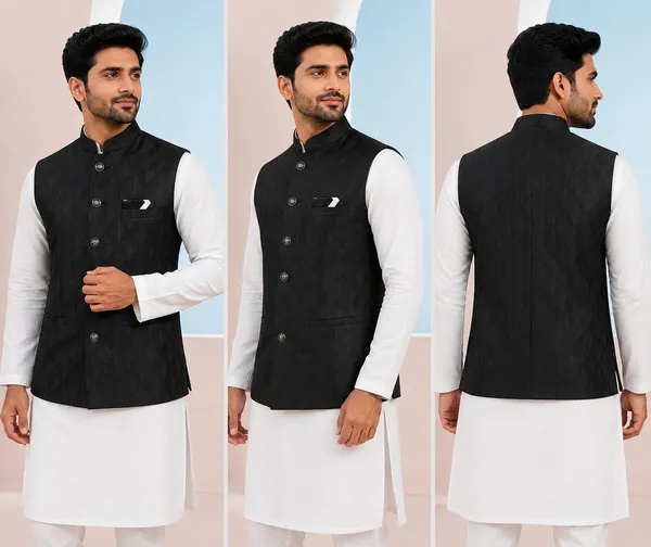 Black_Woven_Jacquard_Nehru_Collar_Sleeveless_Jacket_For_Men
