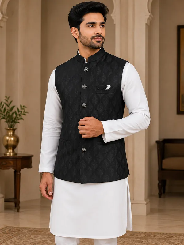 Black_Woven_Jacquard_Nehru_Collar_Sleeveless_Jacket_For_Men