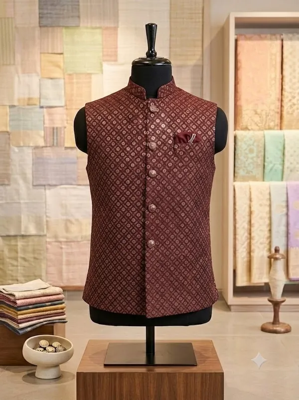 Maroon_Sequin_Embroidery_Nehru_Collar_Sleeveless_Jacket_For_Men
