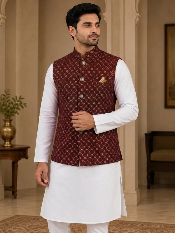Maroon_Sequin_Embroidery_Nehru_Collar_Sleeveless_Jacket_For_Men
