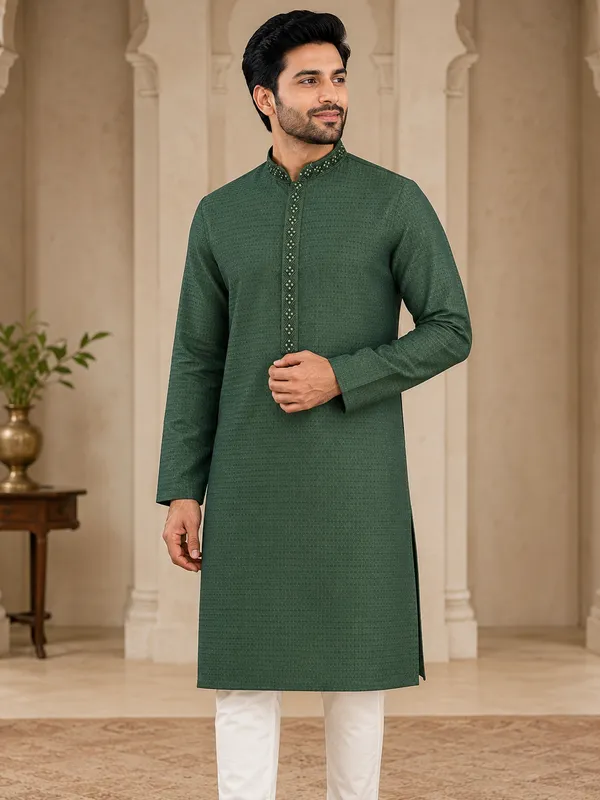 Green_Silk_Blend_Embroidered_Placket_Mandarin_Collar_Kurta_For_Men