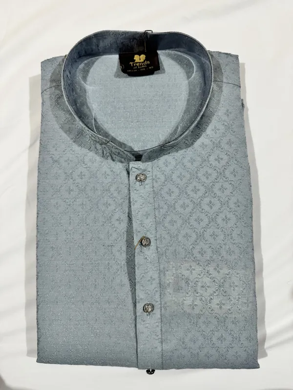 Grey_Jacquard_Straight_Self_Print_Mandarin_Collar_Kurta_For_Men