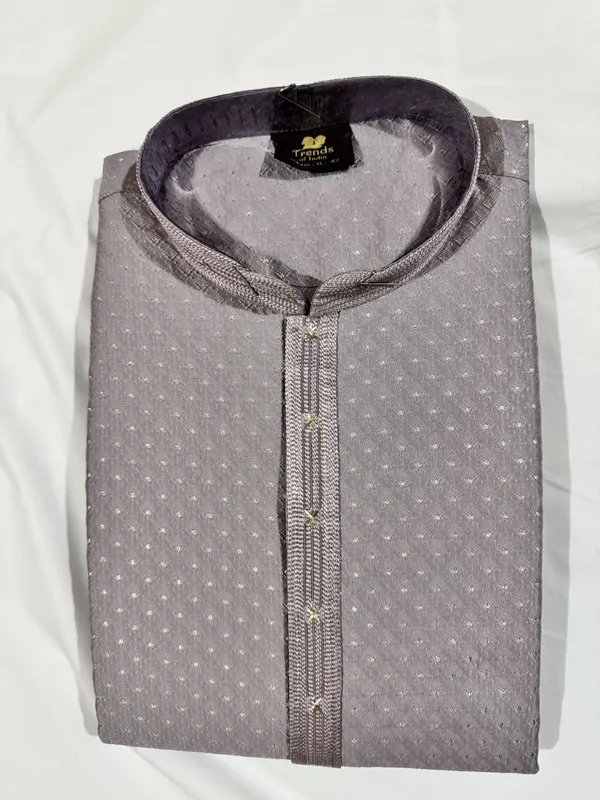 Grey_Silk_Blend_Woven_Straight_Nehru_Collar_Kurta_For_Men