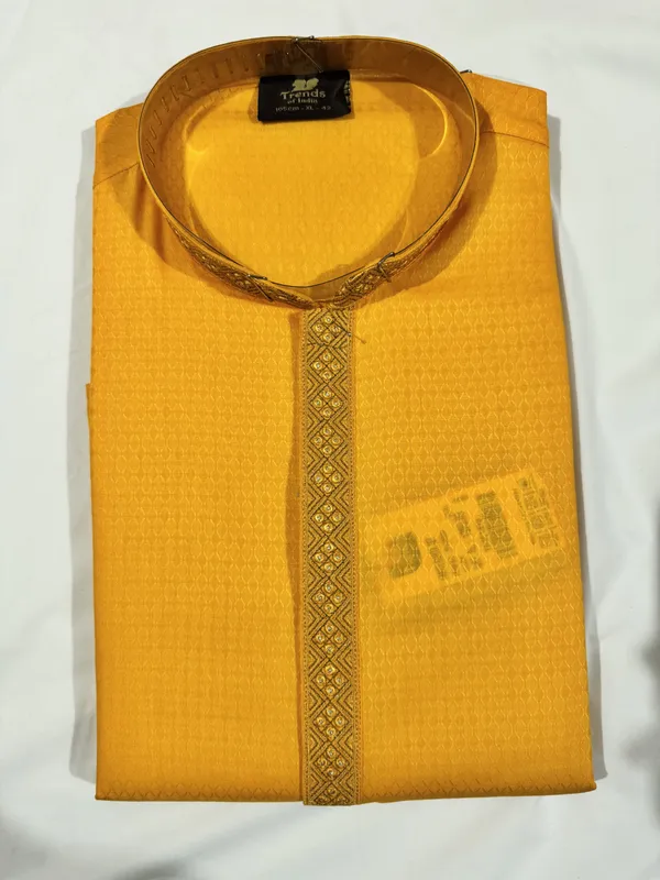 Yellow_Silk_Blend_Embroidered_Mandarin_Collar_Kurta_For_Men