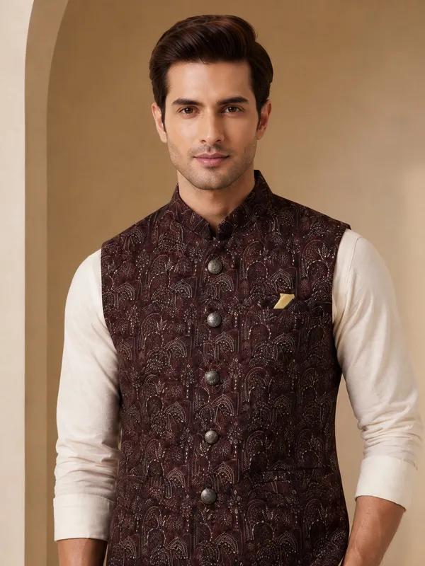 Wine_Jacquard_Nehru_Bandi_for_Men