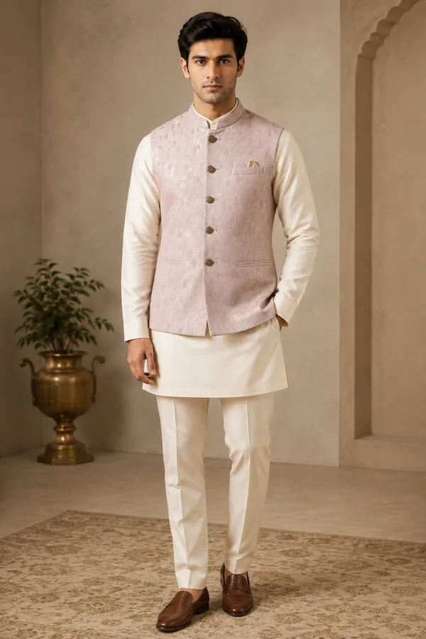 Peach_Jacquard_Nehru_Bandi_for_Men