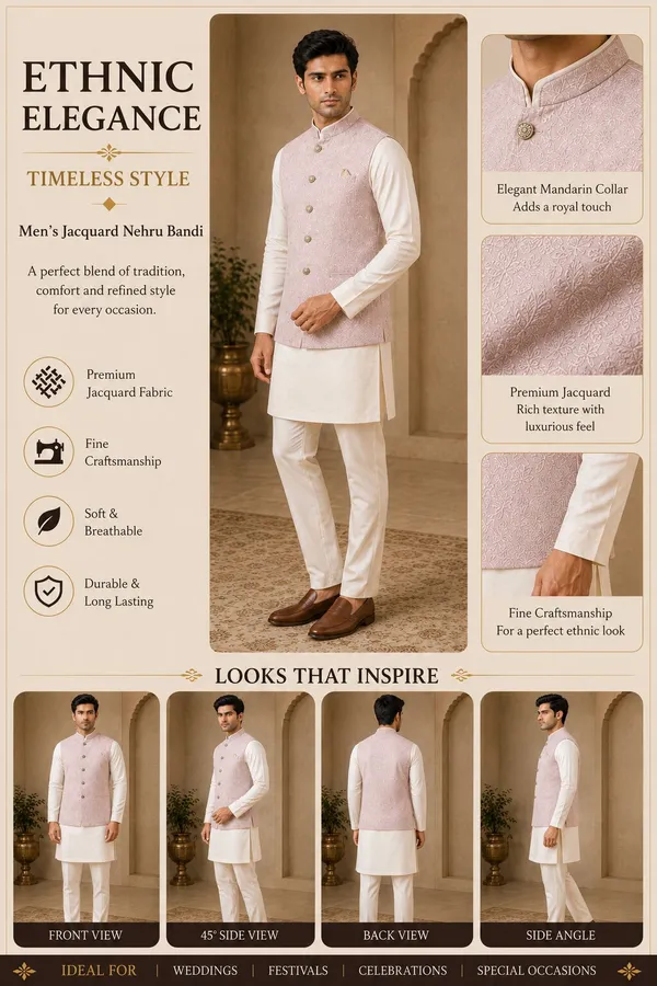 Peach_Jacquard_Nehru_Bandi_for_Men