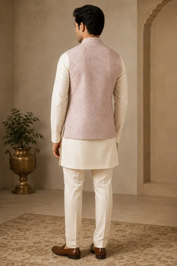 Peach_Jacquard_Nehru_Bandi_for_Men