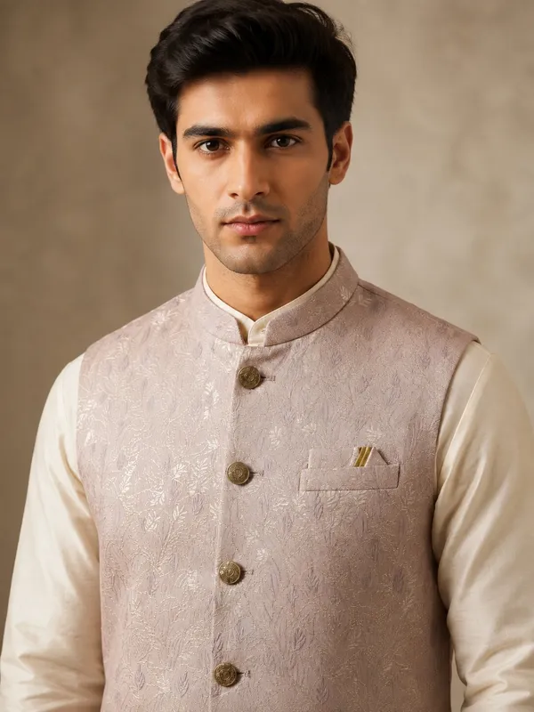 Peach_Jacquard_Nehru_Bandi_for_Men