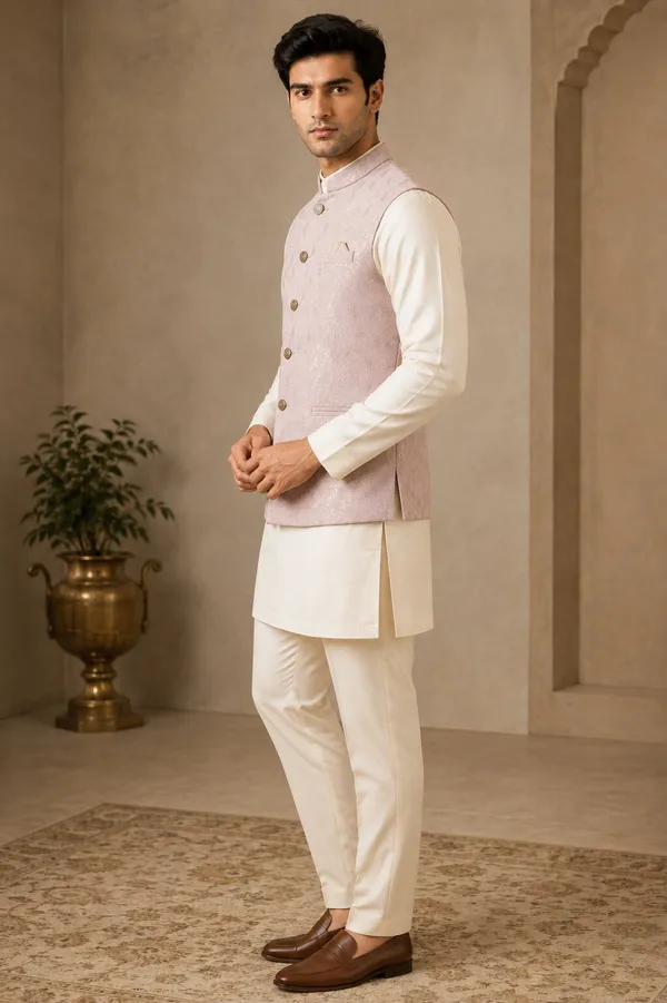 Peach_Jacquard_Nehru_Bandi_for_Men