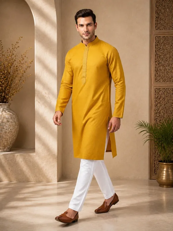 Mustard_Yellow_Textured_Silk_Kurta_Pajama