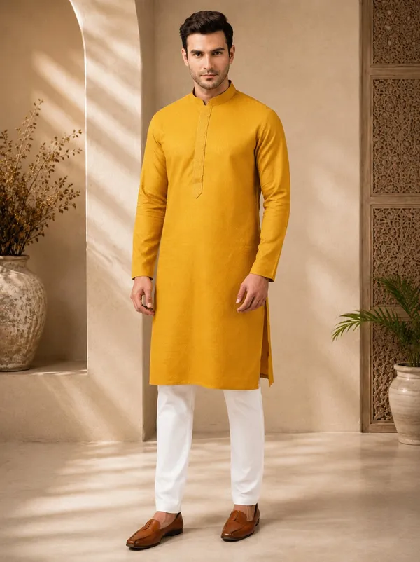 Mustard_Yellow_Textured_Silk_Kurta_Pajama