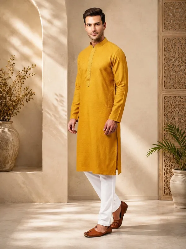 Mustard_Yellow_Textured_Silk_Kurta_Pajama