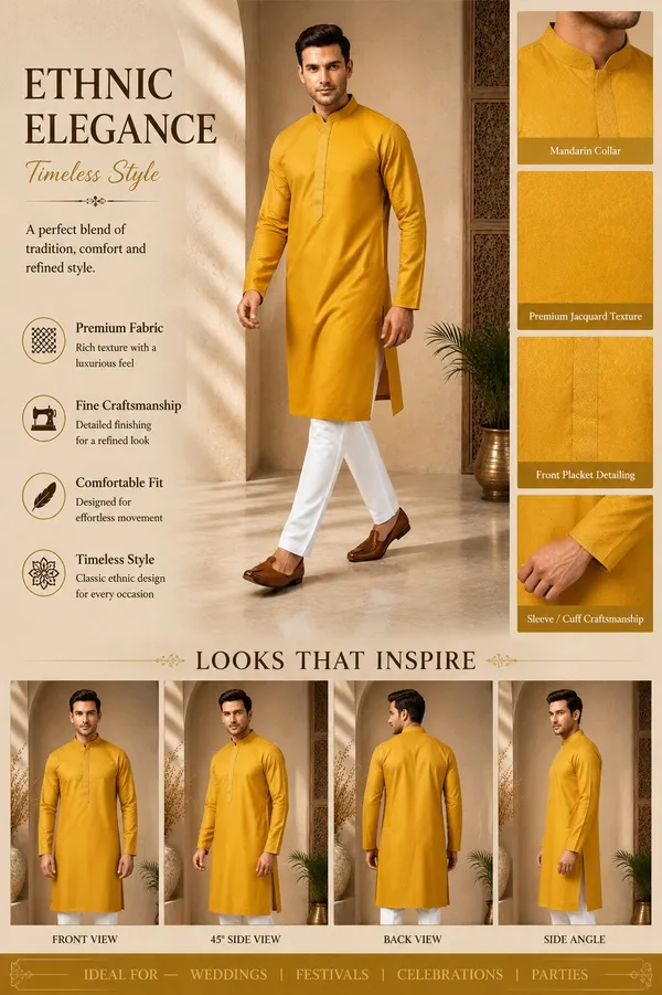 Mustard_Yellow_Textured_Silk_Kurta_Pajama