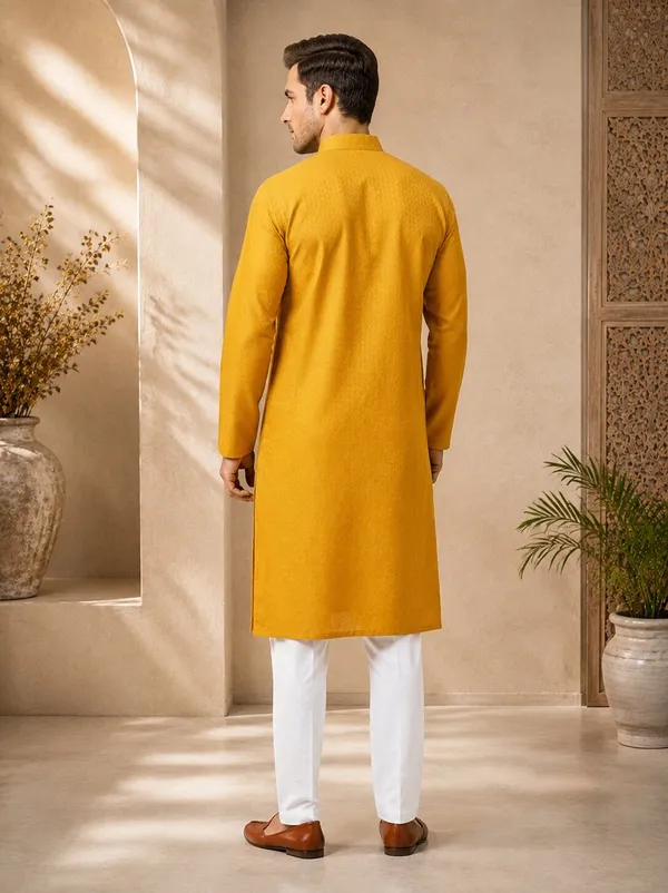 Mustard_Yellow_Textured_Silk_Kurta_Pajama