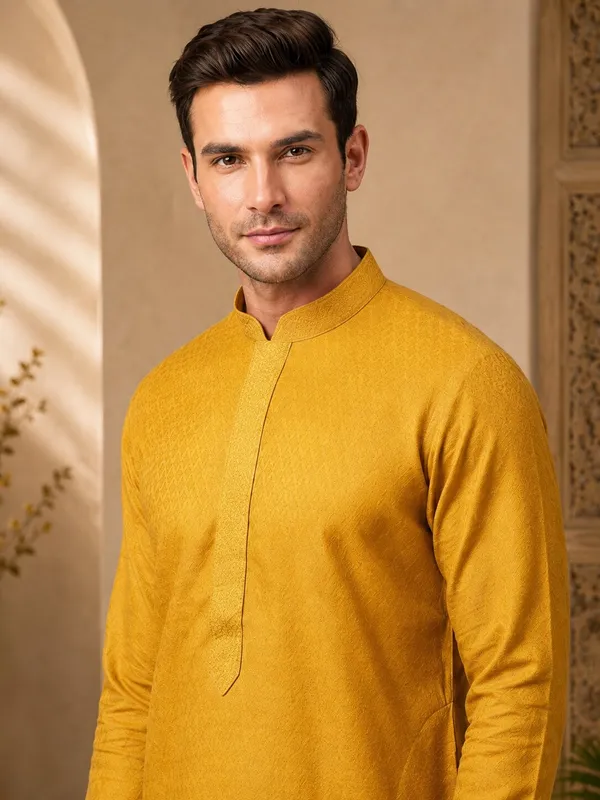 Mustard_Yellow_Textured_Silk_Kurta_Pajama