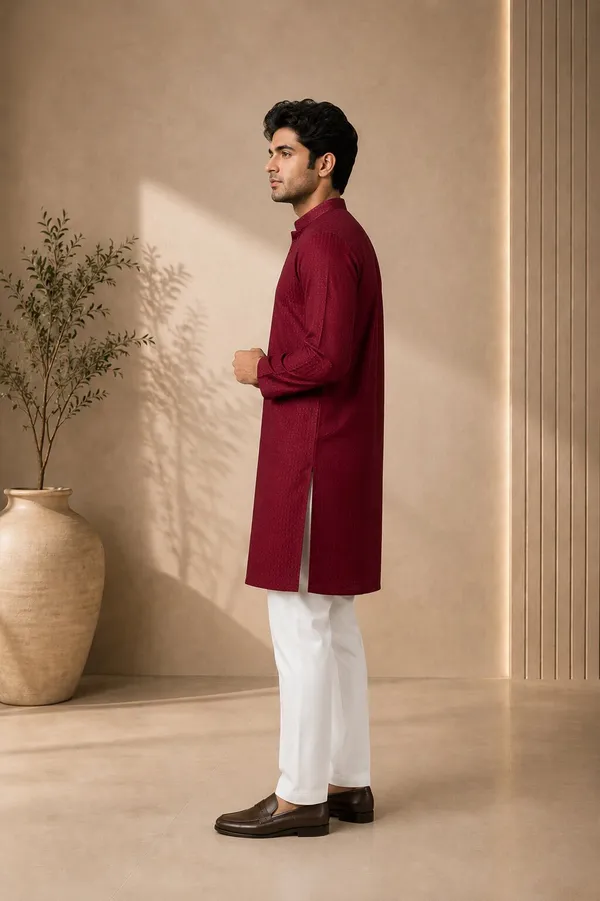 Men_Maroon_Textured_Kurta_Pajama