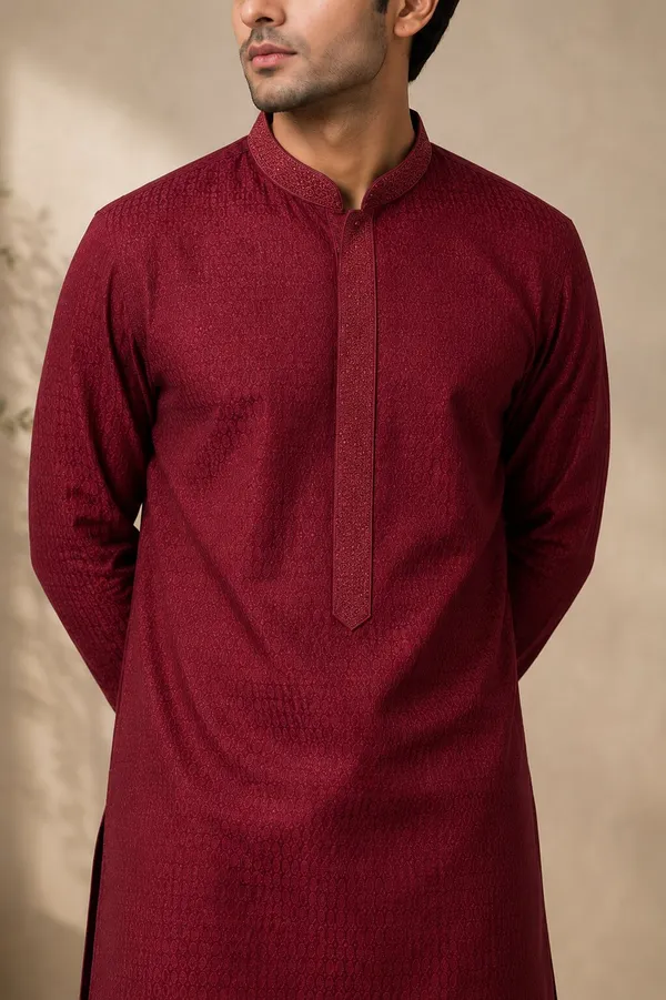 Men_Maroon_Textured_Kurta_Pajama