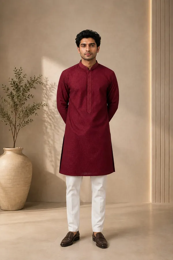Men_Maroon_Textured_Kurta_Pajama