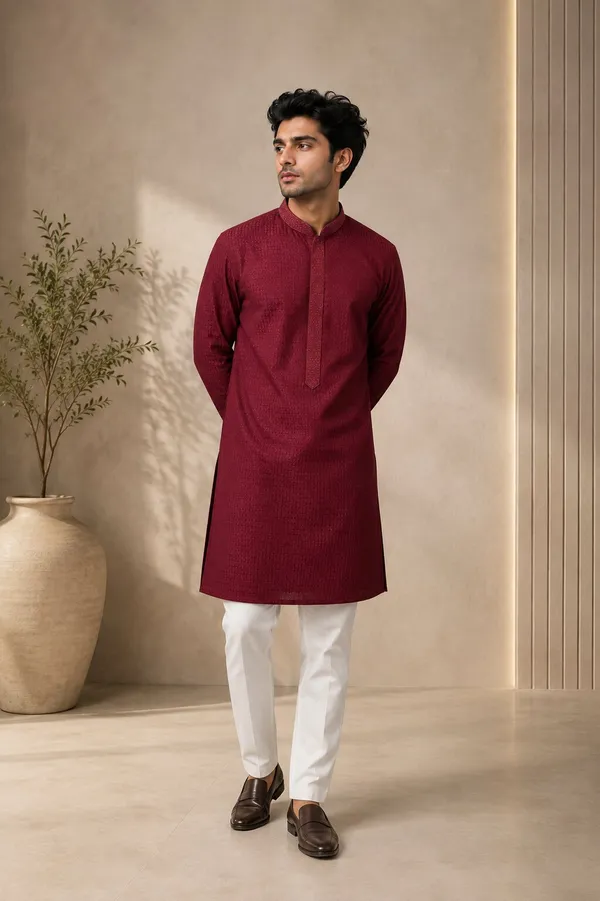 Men_Maroon_Textured_Kurta_Pajama