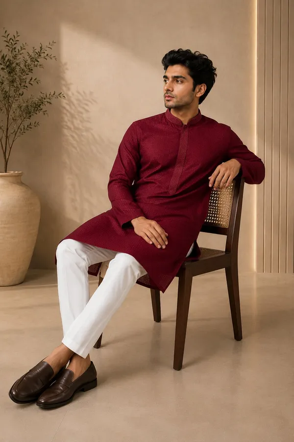 Men_Maroon_Textured_Kurta_Pajama