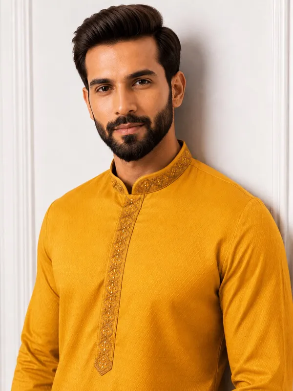 Men_Yellow_Embroidered_Kurta_Pajama