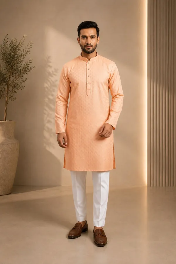 Men_Peach_Textured_Kurta_Pajama