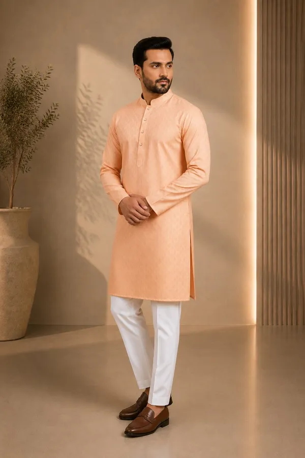 Men_Peach_Textured_Kurta_Pajama