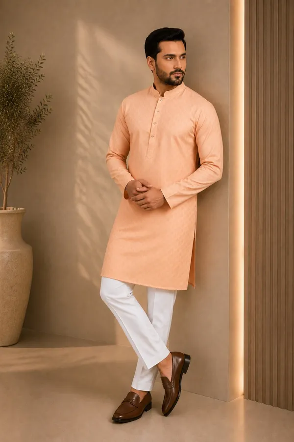 Men_Peach_Textured_Kurta_Pajama