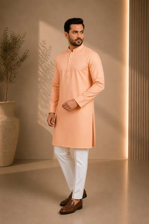Men_Peach_Textured_Kurta_Pajama