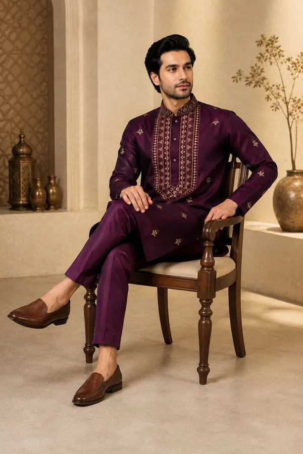 Men_Wine_Embroidered_Kurta_Pajama