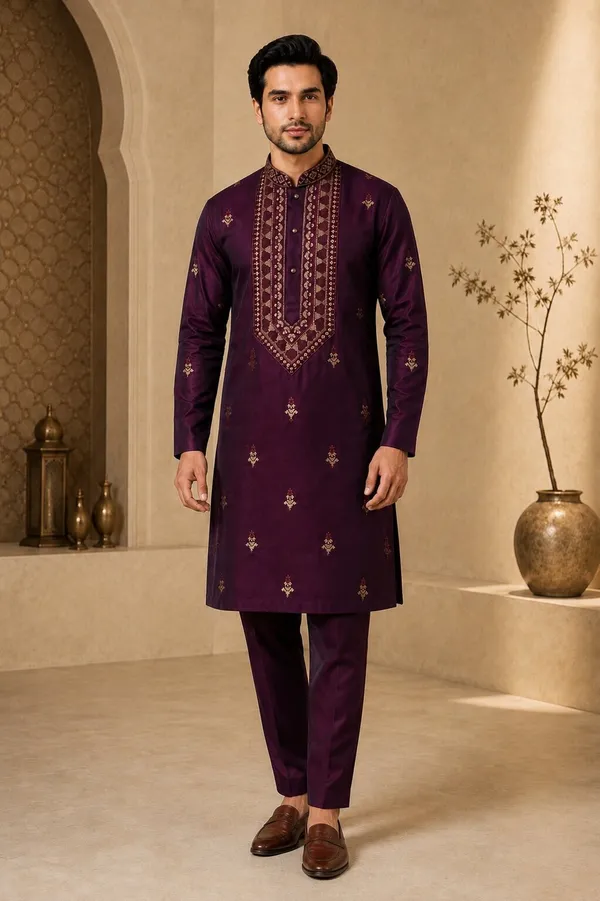 Men_Wine_Embroidered_Kurta_Pajama