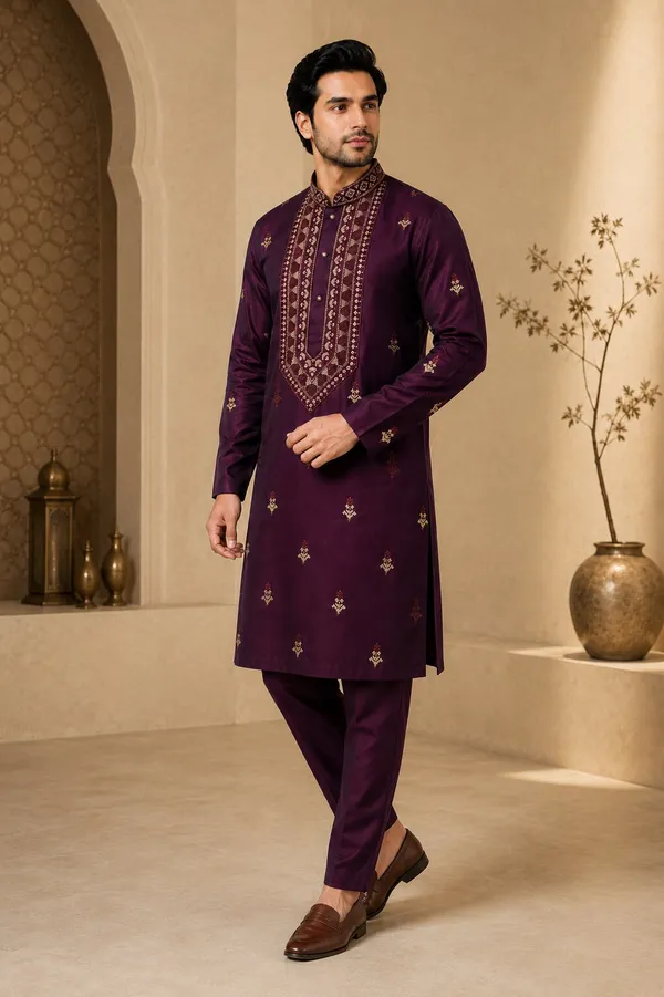 Men_Wine_Embroidered_Kurta_Pajama